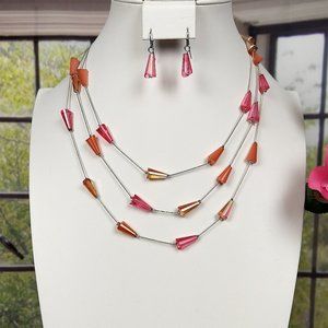 💖💖ACRYLIC BEADED PINK AND TANGERINE TIERED NECKLACE WITH MATCHING EARRINGS